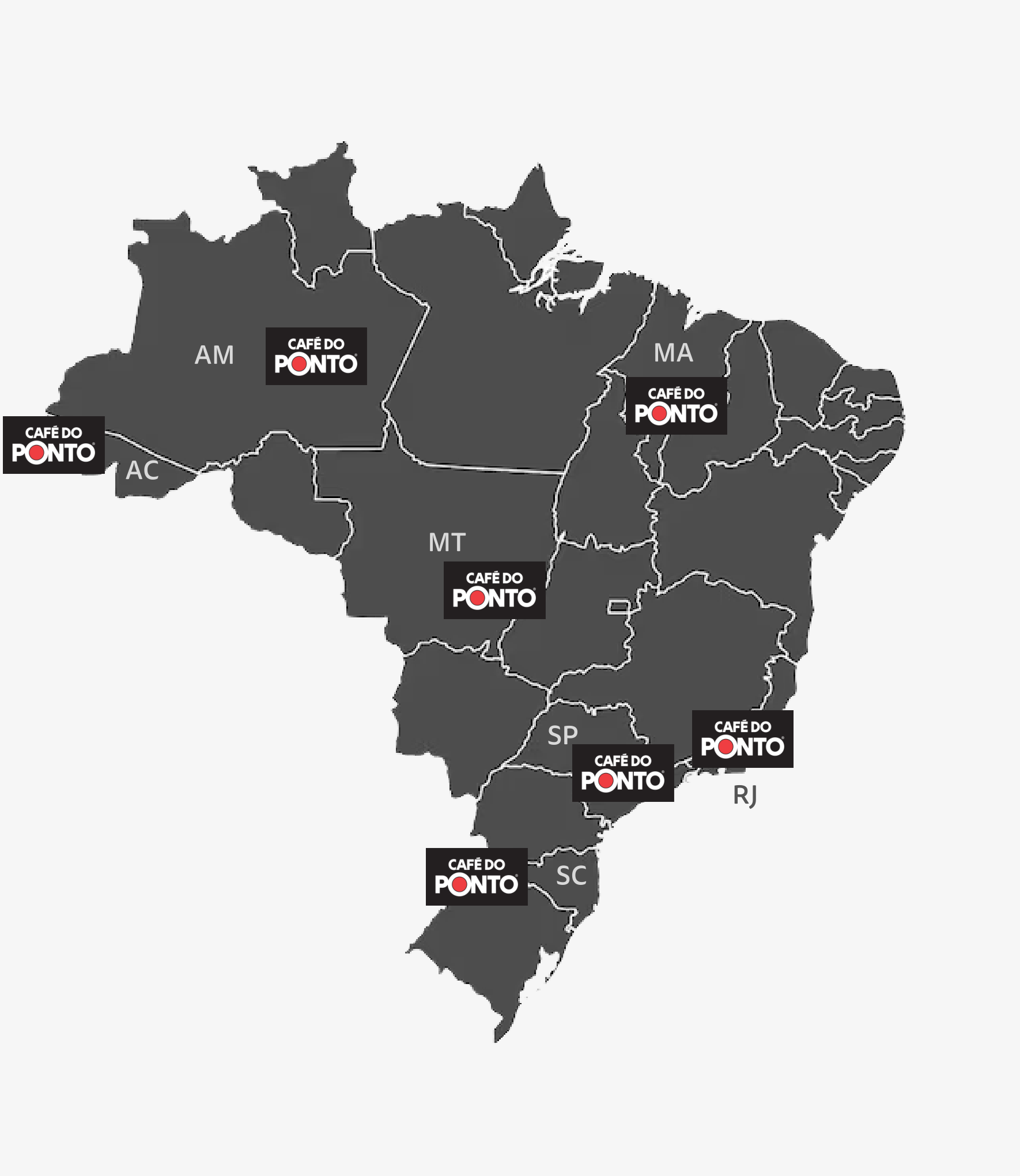 Mapa do Brasil com as unidades Café do Ponto — AC, AM, MA, MT, SP, RJ e SC
